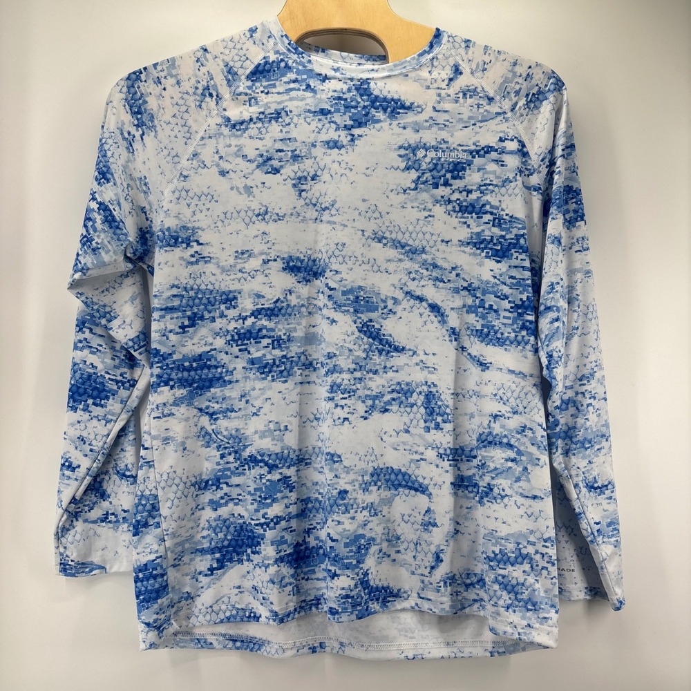 Columbia PFG Shirt Mens XL Blue White Digital Camo Long Sleeve Terminal Tackle